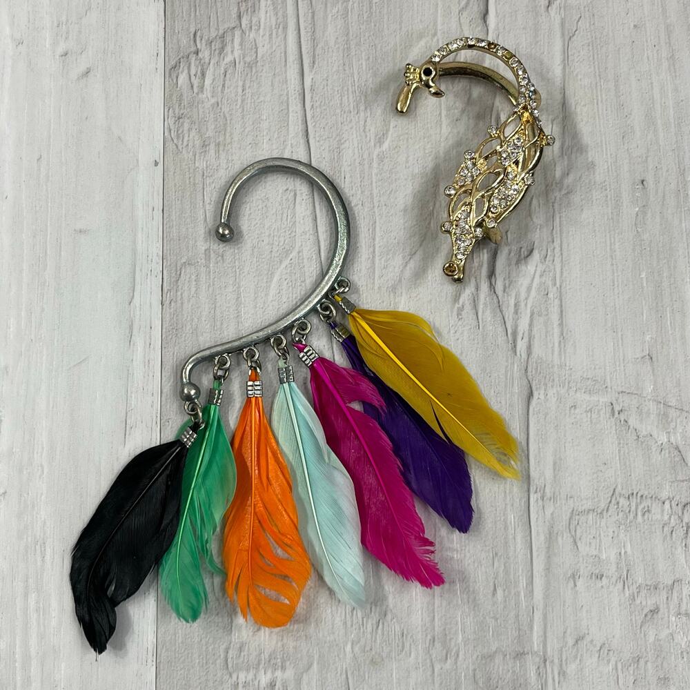 Boho Peacock Feather Ear Cuff Set Gold Rhinestone Jewelry Festival Colorful
